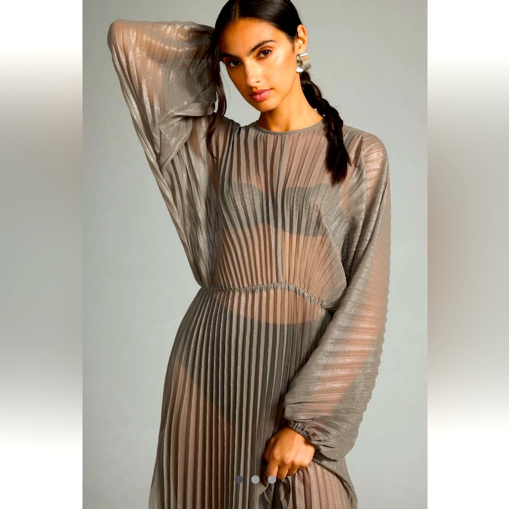 Anthropologie Grey sheer pleated long kaftan with vintage 70’s vibe, OS, NWT